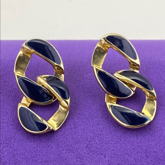 💛 Vintage Gold Navy Enamel Chain Link Earrings - Picture 1 of 4